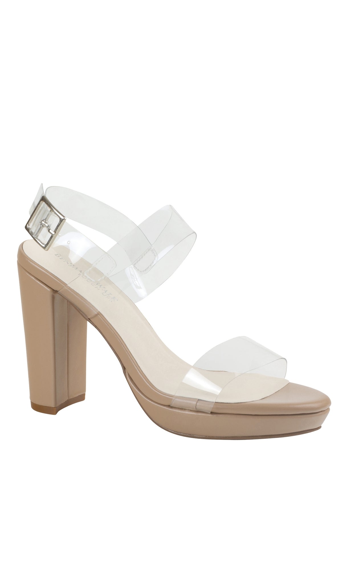 The Nova Clear Prom High Heel Shoes 4582 are beige nude platform sandals with block heels and two clear PVC straps, plus an adjustable ankle buckleโideal for prom.